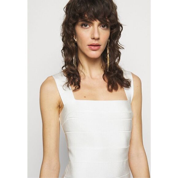 HERVÉ LÉGER White Size M  Icon Bandage Square Neck Cutout Back Mini Dress Bridal - Picture 8 of 12